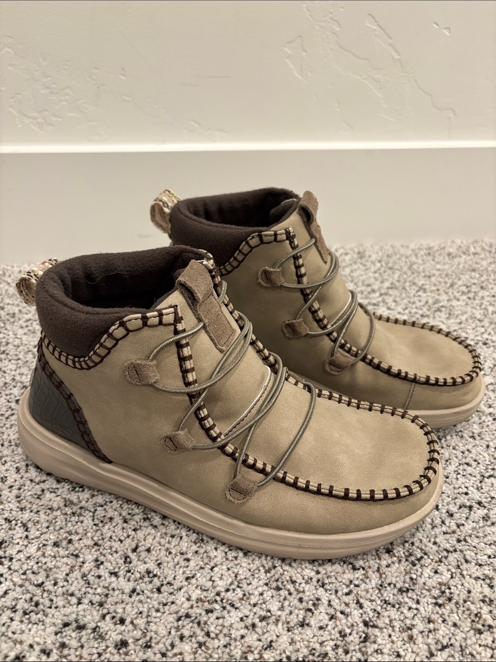 Hey Dude womens beige and brown boots, size 9